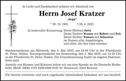 Traueranzeige Josef Kratzer
