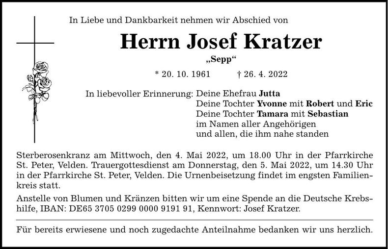 Traueranzeige Josef Kratzer