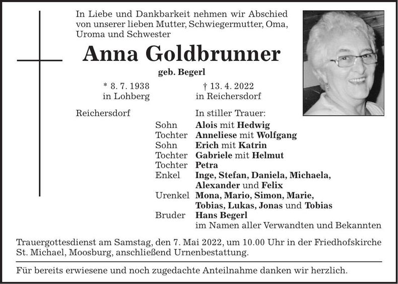 Traueranzeige Anna Goldbrunner