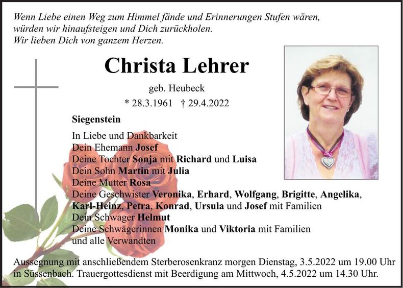 Traueranzeige Christa Lehrer