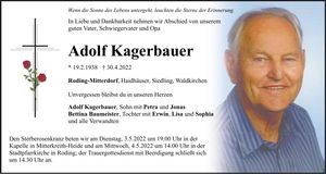 Traueranzeige Adolf Kagerbauer