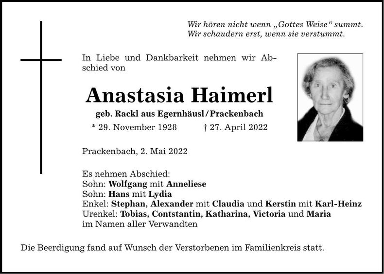 Traueranzeige Anastasia Haimerl