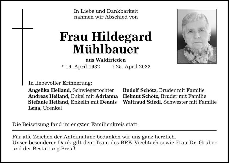 Traueranzeige Hildegard Mühlbauer