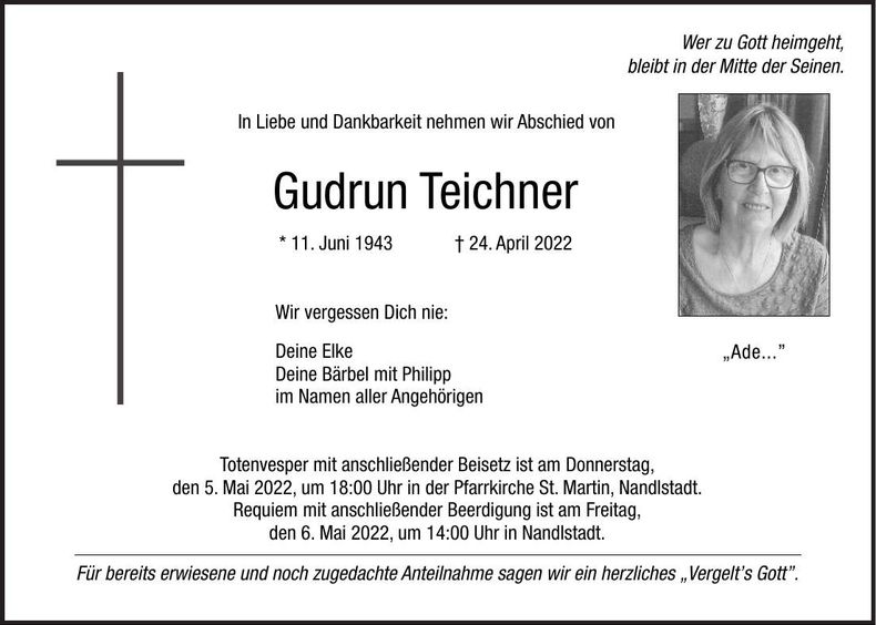 Traueranzeige Gudrun Teichner