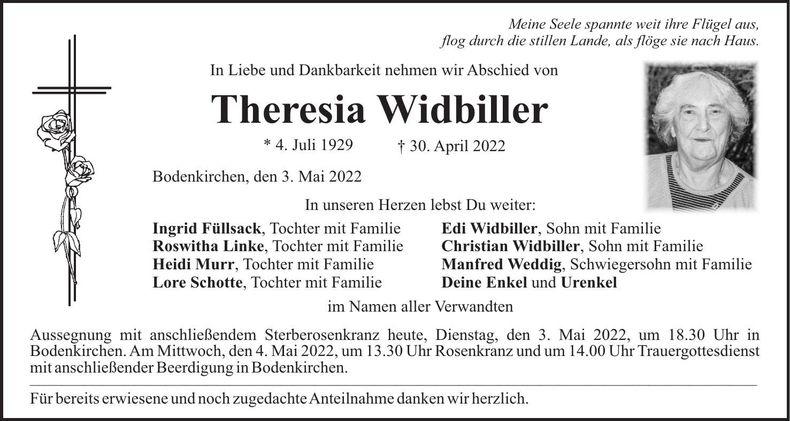 Traueranzeige Theresia Widbiller