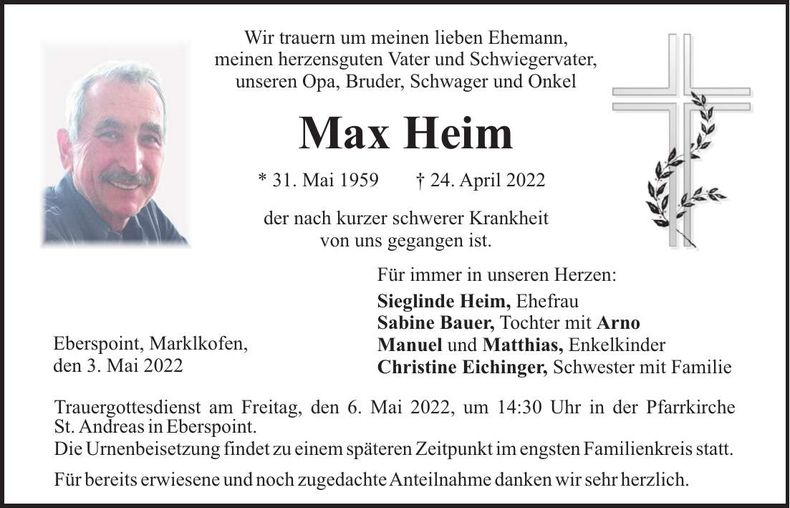 Traueranzeige Max Heim