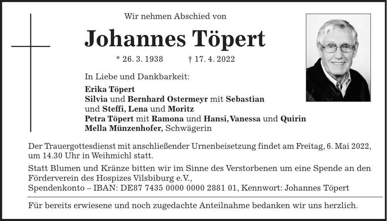 Traueranzeige Johannes Töpert