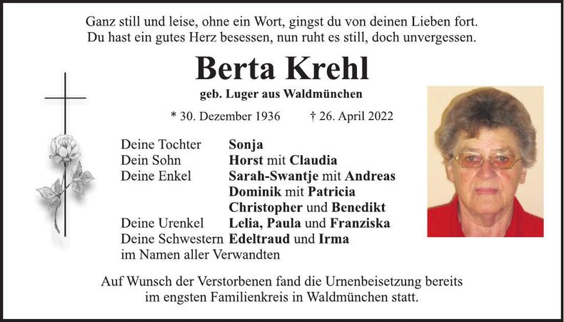 Traueranzeige Berta Krehl