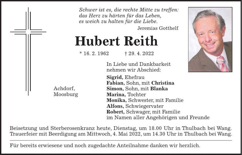 Traueranzeige Hubert Reith