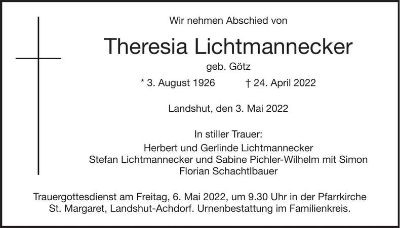 Traueranzeige Theresia Lichtmannecker
