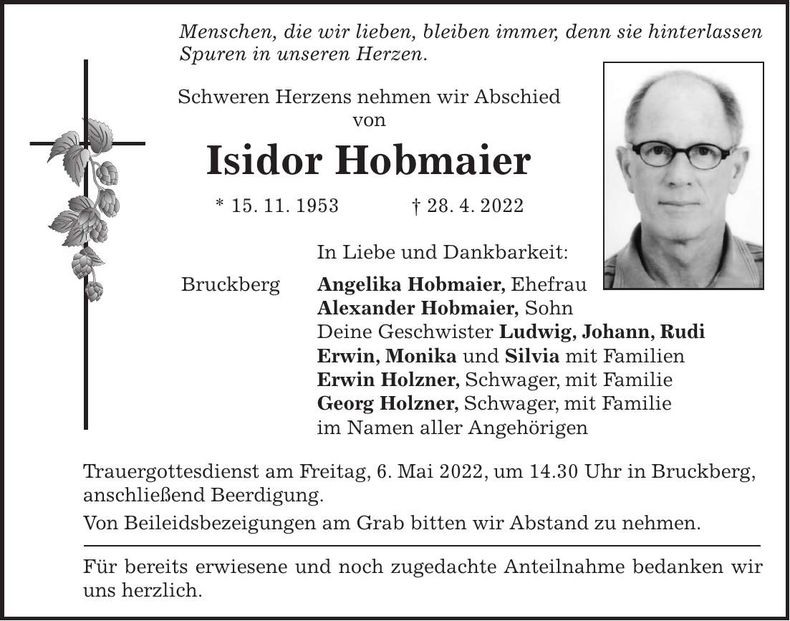 Traueranzeige Isidor Hobmaier
