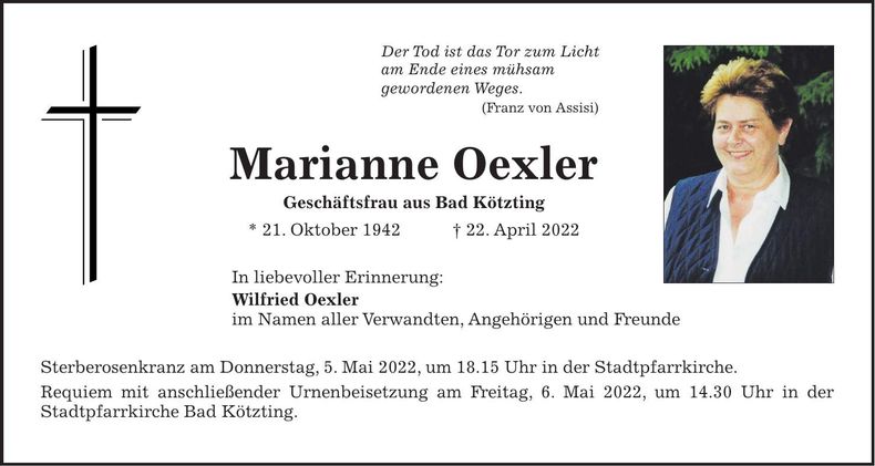 Traueranzeige Marianne Oexler