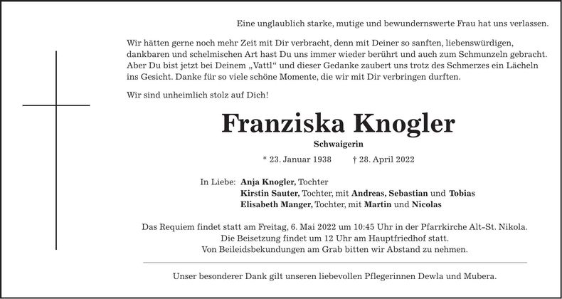 Traueranzeige Franziska Knogler