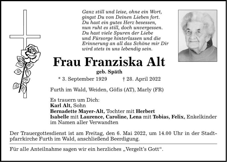 Traueranzeige Franziska Alt