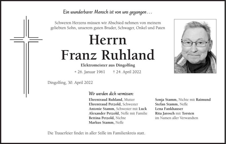 Traueranzeige Franz Ruhland