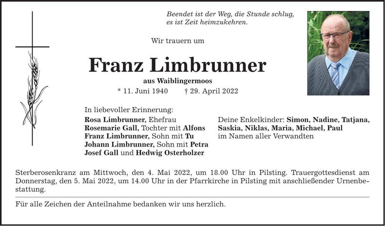 Traueranzeige Franz Limbrunner