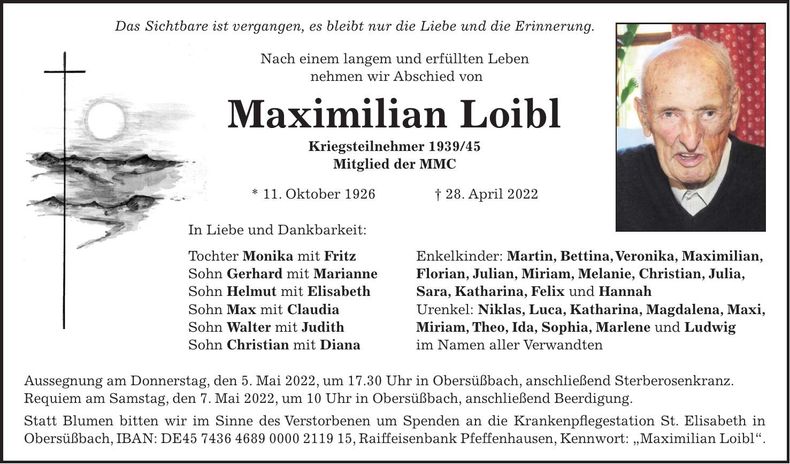 Traueranzeige Maximilian Loibl
