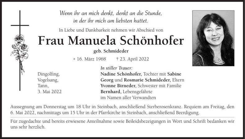 Traueranzeige Manuela Schönhofer