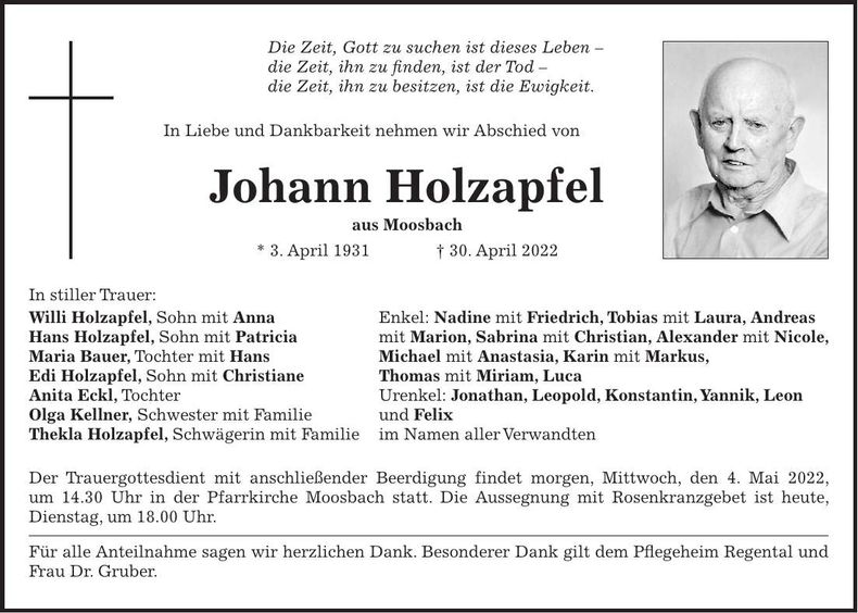 Traueranzeige Johann Holzapfel