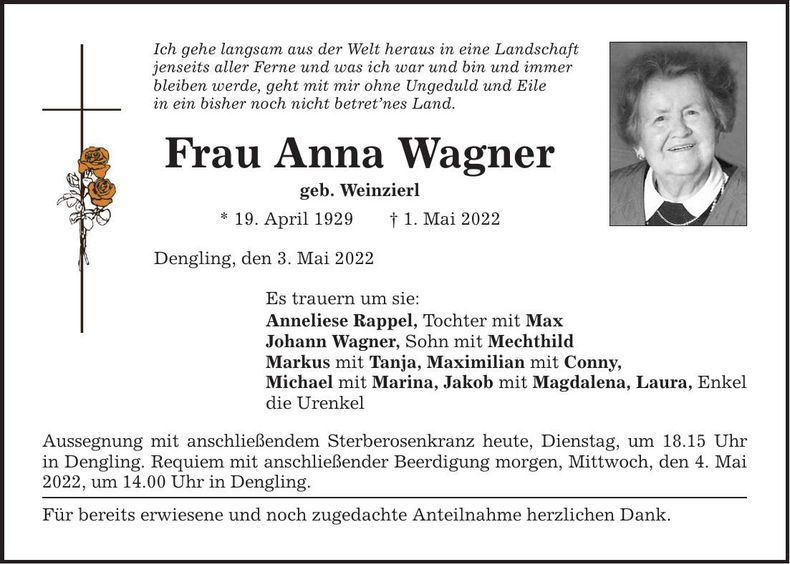 Traueranzeige Anna Wagner