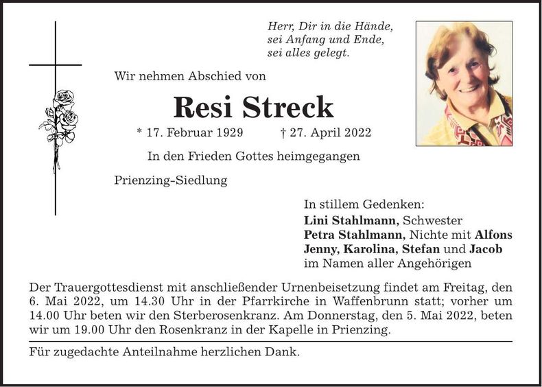 Traueranzeige Resi Streck