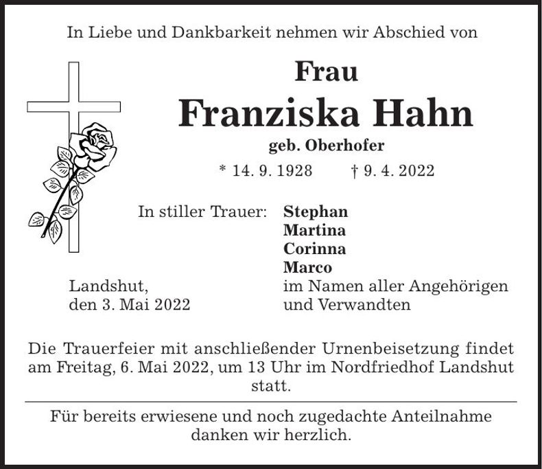 Traueranzeige Franziska Hahn