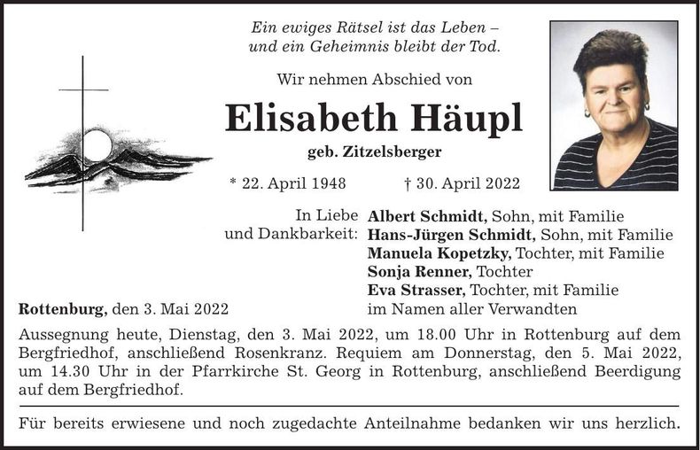 Traueranzeige Elisabeth Häupl