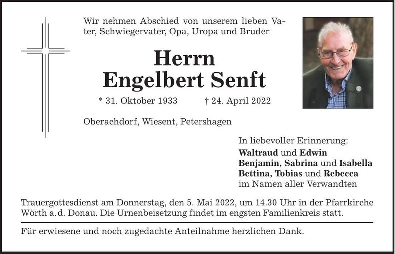 Traueranzeige Engelbert Senft