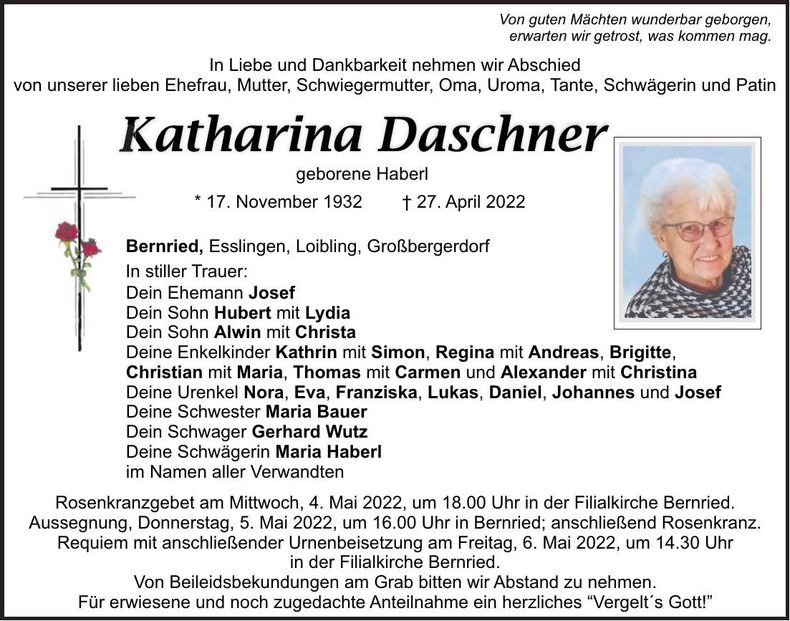 Traueranzeige Katharina Daschner