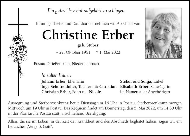 Traueranzeige Christine Erber
