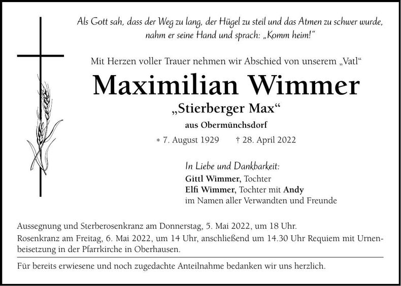 Traueranzeige Maximilian Wimmer