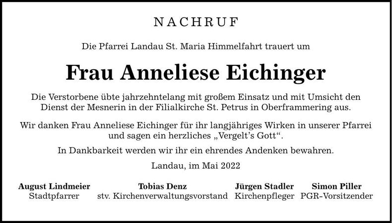 Traueranzeige Anneliese Eichinger