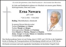 Traueranzeige Erna Nowara