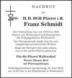 Traueranzeige BGR Pfarrer Franz Schmidt