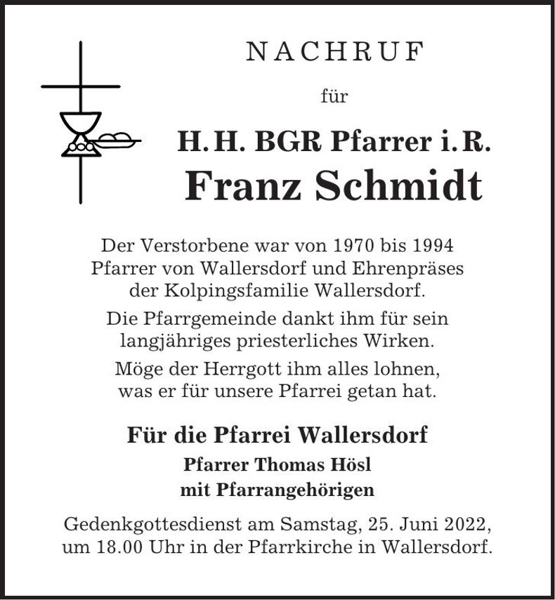 Traueranzeige BGR Pfarrer Franz Schmidt