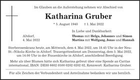 Traueranzeige Katharina Gruber