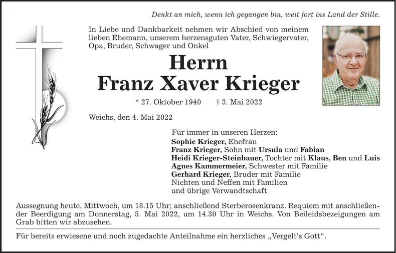 Traueranzeige Franz Xaver Krieger