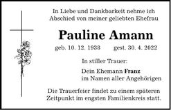 Traueranzeige Pauline Amann
