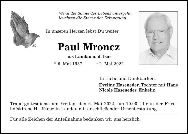Traueranzeige Paul Mroncz