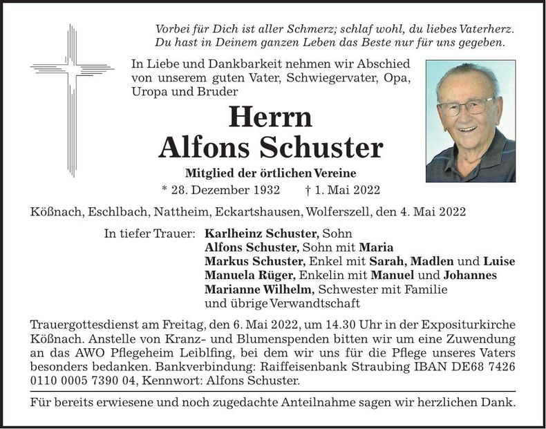Traueranzeige Alfons Schuster