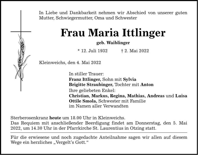 Traueranzeige Maria Ittlinger