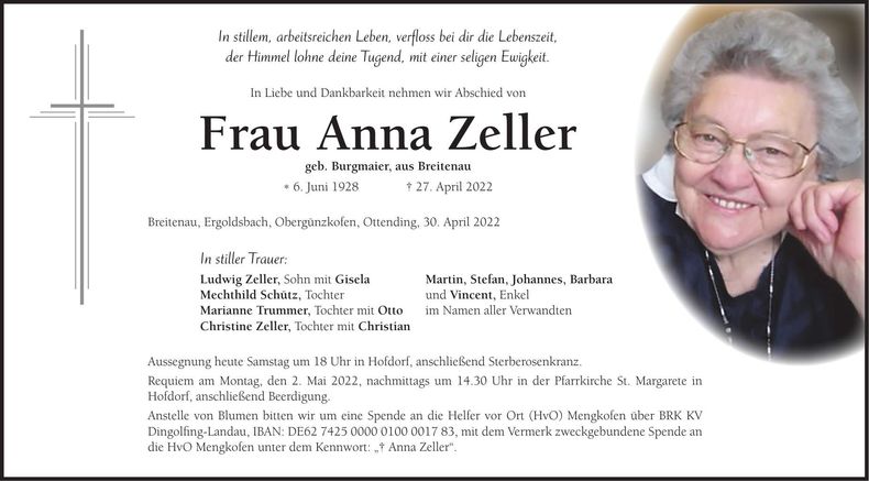 Traueranzeige Anna Zeller