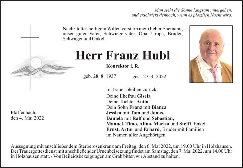 Traueranzeige Franz Hubl