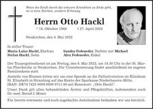 Traueranzeige Otto Hackl