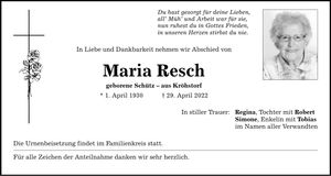 Traueranzeige Maria Resch