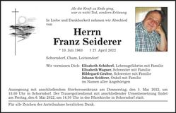 Traueranzeige Franz Seiderer