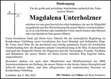 Traueranzeige Magdalena Unterholzner