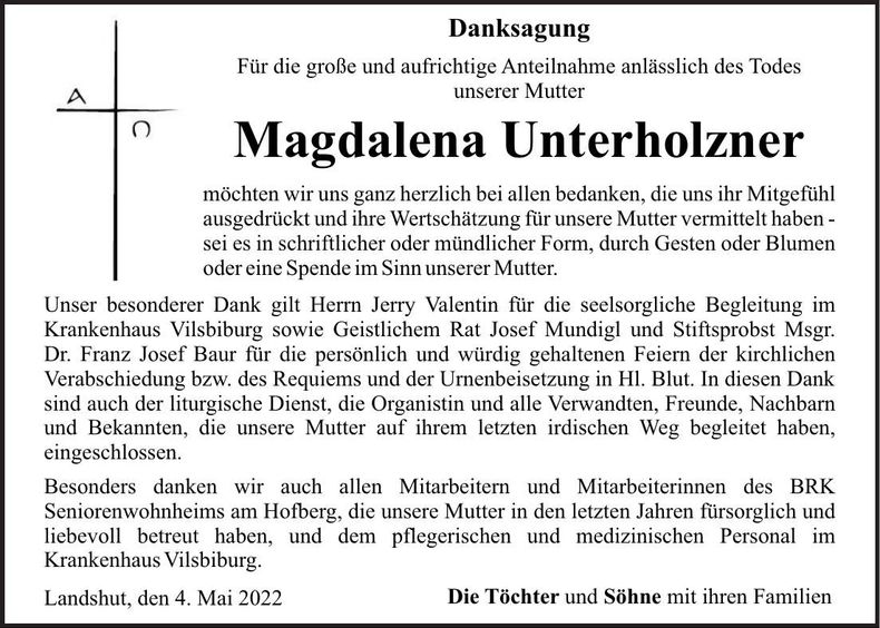 Traueranzeige Magdalena Unterholzner