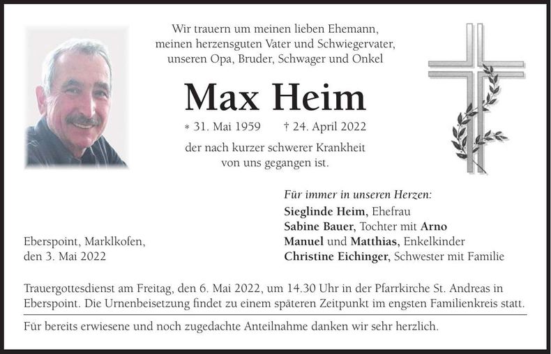 Traueranzeige Max Heim