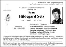 Traueranzeige Hildegard Setz
